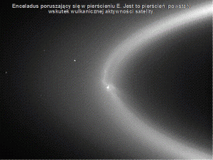 Rys. 4. Pierścień E i Enceladus poruszający się wewnątrz niego. Na wklejce w dolnym rogu pokazane strumienie materii wyrzucanej ze szczelin w okolicy bieguna południowego Enceladusa (NASA).